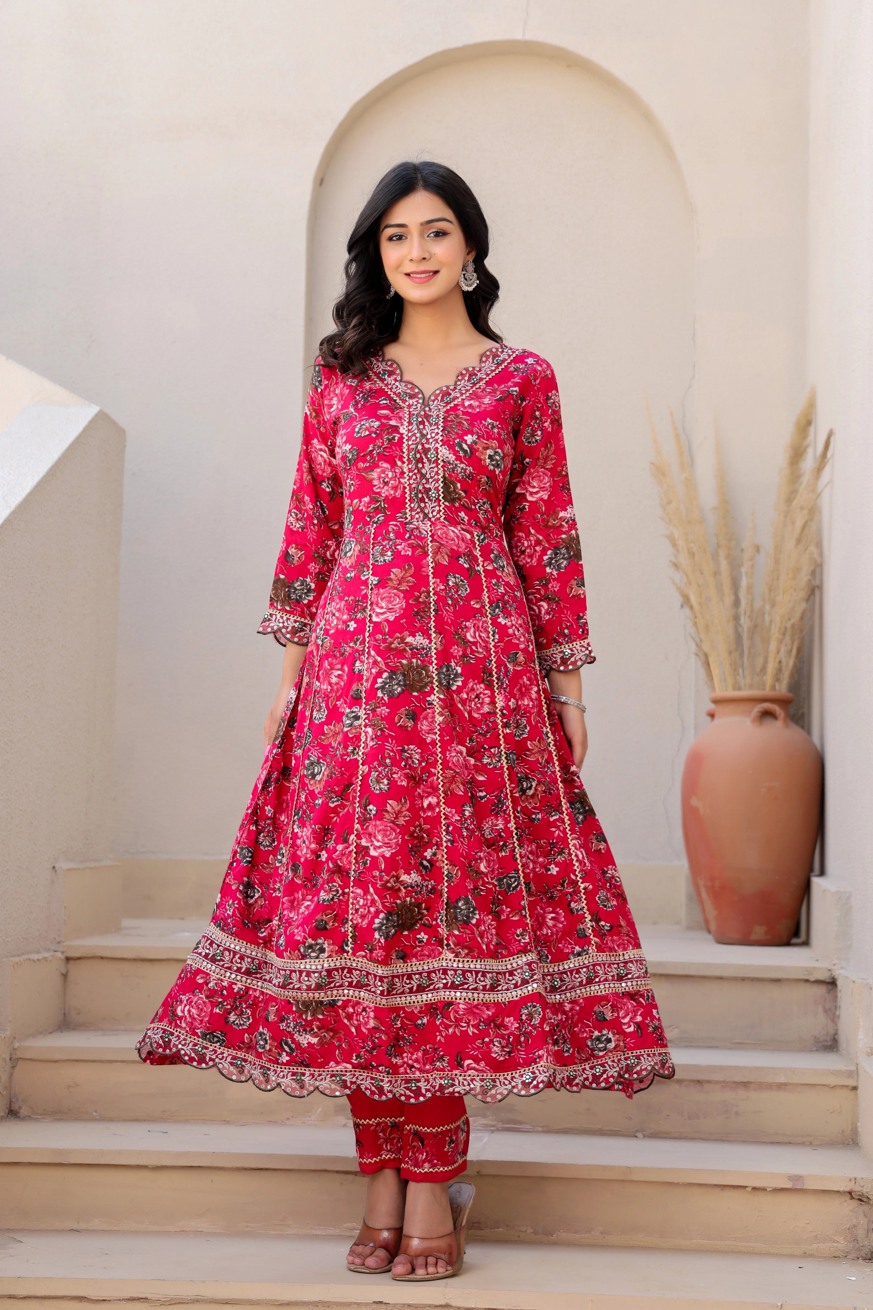 Beautiful Red Heavy Embroidery Floral Kurta Set with Dupatta